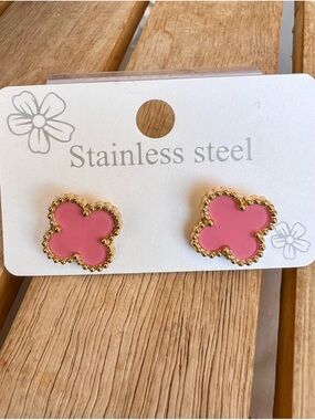 Pink Clover Stainless Steel Stud Earrings